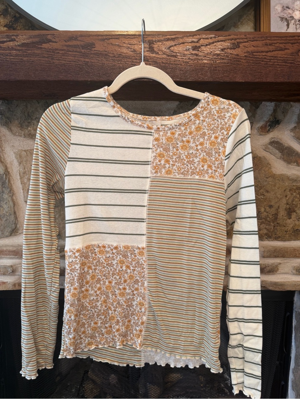 American Eagle Outfitters Patchwork Long Sleeve Top in Cream & Mustard